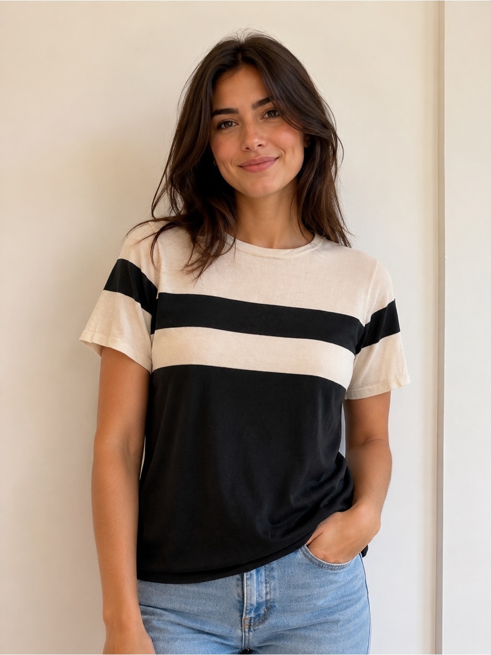 Anna Gray Silk Black & Cream Striped Short Sleeve Tee